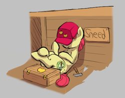 Size: 419x327 | Tagged: safe, artist:crade, apple bloom, earth pony, pony, aggie.io, alternative cutiemark, female, filly, hammer, hat, lowres, mare, meme, sign, simple background, sitting, sneed, sneed's feed and seed