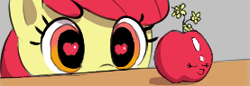 Size: 277x95 | Tagged: safe, artist:crade, apple bloom, earth pony, pony, aggie.io, apple, eyes on the prize, female, filly, flower, food, gray background, looking at something, lowres, simple background, wingding eyes