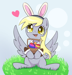 Size: 1144x1202 | Tagged: safe, artist:ahobobo, imported from derpibooru, derpy hooves, pegasus, pony, bunny ears, cute, derpabetes, easter, eye clipping through hair, female, heart, holiday, mare, open mouth, open smile, sitting, smiling, solo, spread wings, wings