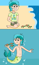 Size: 1346x2216 | Tagged: safe, artist:ocean lover, imported from derpibooru, sandbar, human, merboy, mermaid, merman, turtle, barefoot, beach, belly button, bubble, clothes, cute, disney style, feet, human coloration, humanized, male, mermanized, ocean, sand, sandabetes, shirt, shorts, smiling, species swap, swimming, t-shirt, teenager, underwater, water, wave