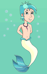 Size: 886x1397 | Tagged: safe, artist:ocean lover, imported from derpibooru, terramar, human, merboy, mermaid, merman, belly button, bubble, cute, disney style, hands behind back, human coloration, humanized, jewelry, looking at you, male, mermanized, necklace, pearl necklace, smiling, smiling at you, solo, species swap, teenager, terrabetes, underwater
