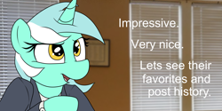 Size: 2000x1000 | Tagged: safe, artist:datte-before-dawn, imported from derpibooru, lyra heartstrings, pony, unicorn, derpibooru, american psycho, business suit, clothes, female, let's see paul allen's card, mare, meme, meta, ponified meme, suit