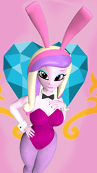 Size: 900x1600 | Tagged: safe, artist:oatmeal!, imported from derpibooru, princess cadance, human, equestria girls, 3d, bowtie, breasts, bunny ears, bunny suit, busty princess cadance, clothes, cutie mark, cutie mark background, dean cadance, easter, gmod, hand on chest, hand on hip, holiday, legs together, leotard, looking at you, playboy bunny, raised eyebrow, sexy, solo