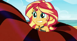 Size: 851x461 | Tagged: safe, artist:ocean lover, edit, edited screencap, imported from derpibooru, screencap, sunset shimmer, human, snake, equestria girls, equestria girls series, x marks the spot, aladdin, beach, bikini, clothes, coils, disney, female, jafar, squeeze, squeezing, story included, swimsuit, this will not end well, wrapped up