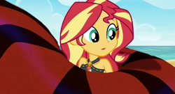 Size: 851x461 | Tagged: safe, artist:ocean lover, edit, edited screencap, imported from derpibooru, screencap, sunset shimmer, human, snake, equestria girls, equestria girls series, x marks the spot, aladdin, beach, bikini, clothes, coils, disney, female, jafar, squeeze, squeezing, story included, swimsuit, wrapped up