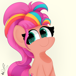 Size: 2000x2000 | Tagged: safe, artist:daftramms, imported from derpibooru, sunny starscout, earth pony, pony, spoiler:g5, spoiler:my little pony: tell your tale, spoiler:tyts01e05, alternate hairstyle, cute, female, g5, mane melody, mane stripe sunny, mare, my little pony: tell your tale, simple background, smiling, solo, sunnybetes