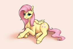 Size: 1907x1263 | Tagged: safe, artist:aquaticvibes, imported from derpibooru, fluttershy, pegasus, pony, female, folded wings, looking at you, lying down, mare, on side, simple background, smiling, solo, underhoof, wings