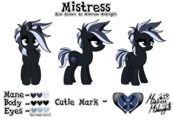 Size: 2367x1640 | Tagged: safe, artist:mistress midnight, imported from derpibooru, oc, oc only, oc:mistress, pony, unicorn, color scheme, cutie mark, female, mare, mohawk, reference, reference sheet, show accurate, signature, simple background, solo, transparent background, turnaround