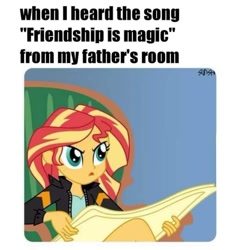 Size: 720x751 | Tagged: safe, imported from derpibooru, sunset shimmer, human, equestria girls, brony, down beat bear, meme, ponified meme, repost, solo, theme song, tom and jerry, tom reading the newspaper