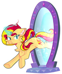 Size: 1170x1400 | Tagged: safe, artist:tater, imported from derpibooru, sunset shimmer, pony, unicorn, cheek fluff, chest fluff, ear fluff, female, glowing, glowing horn, horn, magic mirror, mare, mirror, mirror portal, simple background, solo, white background