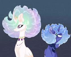 Size: 2500x2000 | Tagged: safe, artist:arirain, imported from derpibooru, princess celestia, princess luna, alicorn, pony, alternate hairstyle, duo, female, fluffy mane, jewelry, mare, royal sisters, s1 luna, sheepish grin, siblings, simple background, sisters, smiling, younger