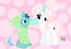 Size: 2048x1423 | Tagged: safe, artist:mommymidday, imported from derpibooru, oc, oc only, oc:minty breeze, oc:mommy midday, pony, unicorn, abdl, adult foal, baby bottle, bottle, bottle feeding, clothes, commission, diaper, diaper fetish, eyeshadow, fetish, hoodie, magic, magic aura, makeup, non-baby in diaper, polka dot background, poofy diaper, show accurate, signature, simple background, telekinesis