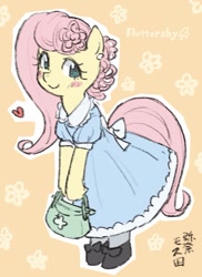 Size: 661x909 | Tagged: safe, artist:yanamosuda, imported from derpibooru, fluttershy, semi-anthro, blush sticker, blushing, clothes, cute, dress, ear piercing, earring, female, flower, flower in hair, heart, jewelry, piercing, purse, shoes, shyabetes, smiling, solo