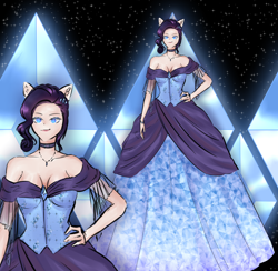 Size: 4200x4100 | Tagged: safe, artist:tatsuk0, imported from derpibooru, rarity, human, equestria girls, anime style, breasts, choker, cleavage, clothes, diamond, dress, eared humanization, female, gown, hand on hip, humanized, jewelry, necklace, pony ears, smiling, solo