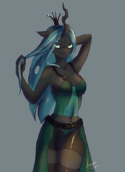 Size: 932x1280 | Tagged: safe, artist:louraa, imported from derpibooru, queen chrysalis, anthro, changeling, changeling queen, arm behind head, belly button, breasts, clothes, crown, digital art, eye clipping through hair, eyebrows, eyebrows visible through hair, female, gray background, horn, jewelry, looking at you, pose, regalia, simple background, smiling, smiling at you, smirk, solo, tail, thighs, wide hips