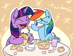 Size: 2132x1662 | Tagged: safe, artist:grilledcat, imported from derpibooru, rainbow dash, twilight sparkle, alicorn, pegasus, pony, burger, female, food, french fries, lesbian, shipping, twidash, twilight sparkle (alicorn)