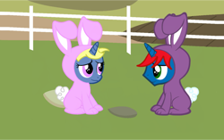 Size: 1098x691 | Tagged: safe, artist:ry-bluepony1, artist:scarlettannaheart, edit, imported from derpibooru, oc, oc only, oc:azure/sapphire, oc:train track, pony, unicorn, animal costume, base used, bunny costume, clothes, costume, easter, fence, field, grass, holiday, horn, mane, rock, show accurate, tail, wig