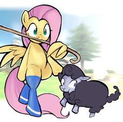 Size: 2069x2048 | Tagged: safe, artist:yidwags, derpibooru exclusive, imported from derpibooru, fluttershy, pegasus, pony, sheep, bipedal, clothes, ewe, female, floating, mabinogi, mouth hold, shepherd's crook, standing on two hooves, stockings, thigh highs, tiny ewes, wing hands, wings