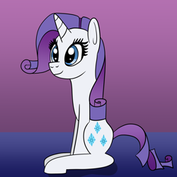 Size: 1600x1600 | Tagged: safe, artist:platinumdrop, imported from derpibooru, rarity, pony, unicorn, gradient background, long neck, simple background, sitting, smiling, solo