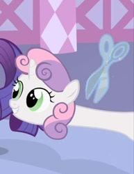 Size: 376x488 | Tagged: safe, edit, edited screencap, imported from derpibooru, screencap, rarity, sweetie belle, pony, unicorn, season 1, stare master, cropped, levitation, long neck, magic, out of context, scissors, solo focus, sweetie giraffe, telekinesis, wat