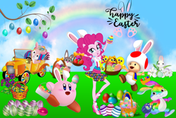 Size: 3000x2000 | Tagged: safe, artist:magical-mama, artist:sugar-loop, artist:user15432, imported from derpibooru, pinkie pie, human, equestria girls, barely eqg related, basket, bunny ears, chick, cloud, crossover, easter, easter basket, easter bunny, easter egg, egg, flower, happy easter, high heels, holiday, kirby, kirby (series), kirby pie, looking at you, ponied up, rainbow, school spirit, shoes, spring, super mario bros., toad (mario bros), toad pie