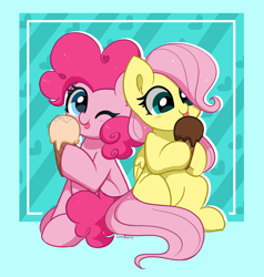 Size: 5056x5300 | Tagged: safe, artist:kittyrosie, imported from derpibooru, fluttershy, pinkie pie, earth pony, pegasus, pony, abstract background, absurd resolution, blushing, cute, diapinkes, duo, duo female, female, food, ice cream, looking at you, mare, one eye closed, shyabetes, smiling, smiling at you, tongue out