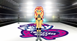 Size: 3330x1785 | Tagged: safe, artist:invisibleink, imported from derpibooru, sunset shimmer, human, equestria girls, breasts, clothes, elbow pads, female, knee pads, shoes, solo, sports, sports bra, sports panties, wrestler, wrestling, wrestling ring