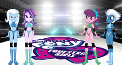 Size: 3330x1785 | Tagged: safe, artist:invisibleink, imported from derpibooru, night glider, starlight glimmer, sugar belle, trixie, human, equestria girls, belly button, clothes, elbow pads, female, knee pads, shoes, sports, sports bra, sports panties, tag team, wrestler, wrestling, wrestling ring