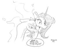 Size: 2220x1509 | Tagged: safe, artist:ktubosi83, imported from derpibooru, classical unicorn, dragon, hybrid, longma, unicorn, them's fightin' herds, community related, dialogue, duo, female, monochrome, oleander (tfh), speech bubble, sweat, text, tianhuo (tfh), unshorn fetlocks