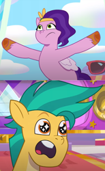 Size: 736x1196 | Tagged: safe, edit, edited screencap, editor:nicothepinkunicorn, imported from derpibooru, screencap, hitch trailblazer, pipp petals, earth pony, pegasus, pony, spoiler:g5, spoiler:my little pony: tell your tale, spoiler:tyts01e05, female, g5, male, mane melody, mare, my little pony: tell your tale, stallion, stare, starry eyes, wingding eyes