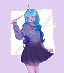 Size: 2150x2428 | Tagged: safe, artist:yyosei, imported from derpibooru, izzy moonbow, human, abstract background, cardigan, clothes, cute, cutie mark on clothes, ear piercing, eyelashes, female, g5, glasses, gradient mane, high res, horn, horned humanization, humanized, izzybetes, jewelry, lips, meganekko, necklace, piercing, pleated skirt, pony coloring, round glasses, skirt, solo, wand