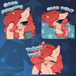 Size: 1280x1269 | Tagged: safe, artist:astralblues, imported from derpibooru, oc, oc only, pony, unicorn, bed, coffee mug, female, hooves together, looking at you, lying down, lying on bed, mare, mug, on bed, smiling, solo, waking up