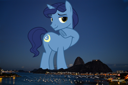 Size: 2703x1797 | Tagged: safe, artist:cheezedoodle96, artist:thegiantponyfan, edit, imported from derpibooru, night light, pony, unicorn, brazil, giant pony, giant unicorn, high res, highrise ponies, hoof on chin, irl, looking at you, macro, male, mega giant, mountain, night, photo, ponies in real life, raised hoof, rio de janeiro, smiling, smiling at you, stallion, underhoof