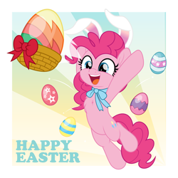 Size: 5000x5000 | Tagged: safe, artist:jhayarr23, imported from derpibooru, pinkie pie, earth pony, pony, absurd resolution, basket, bunny ears, chest fluff, commission, easter, easter egg, egg, happy easter, holiday, open mouth, open smile, smiling, solo, throwing, ych result