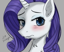 Size: 795x641 | Tagged: safe, artist:dashy21, imported from derpibooru, rarity, pony, unicorn, blushing, bust, gray background, portrait, sad, simple background, solo, wavy mouth