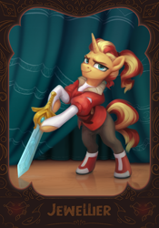 Size: 1668x2388 | Tagged: safe, artist:jewellier, imported from derpibooru, sunset shimmer, pony, unicorn, equestria girls, adora, alternate hairstyle, boots, clothes, cosplay, costume, female, jacket, mare, pants, she-ra, she-ra and the princesses of power, shirt, shoes, solo, sunset cosplay flashmob, sword, weapon