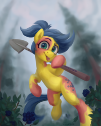 Size: 1746x2180 | Tagged: safe, artist:jewellier, imported from derpibooru, oc, oc only, earth pony, pony, blueberry, food, forest, shovel, solo, tongue out, tree