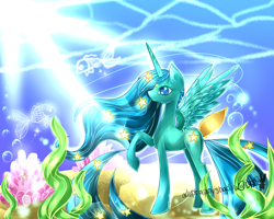 Size: 1500x1200 | Tagged: safe, artist:aquagalaxy, imported from derpibooru, oc, oc only, alicorn, fish, pony, blue eyes, blue mane, bubble, commission, coral, crepuscular rays, feather, female, flowing mane, flowing tail, horn, mare, ocean, raised hoof, seaweed, signature, solo, spread wings, sunlight, tail, underwater, water, wings
