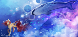 Size: 3400x1617 | Tagged: safe, artist:aquagalaxy, imported from derpibooru, oc, oc only, fish, jellyfish, pony, unicorn, bubble, cloud, crepuscular rays, female, flowing mane, flowing tail, horn, mare, ocean, red mane, sky, solo, sunlight, surreal, swimming, tail, underwater, water