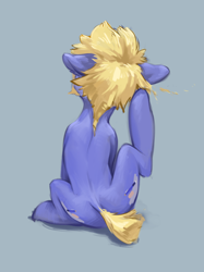 Size: 2048x2732 | Tagged: safe, artist:blue ink, imported from derpibooru, oc, oc only, oc:blue ink, earth pony, pony, behaving like a dog, blue background, ear scratch, floppy ears, high res, hooves, rear view, simple background, solo, tail