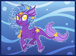 Size: 680x502 | Tagged: safe, artist:happy-go-creative, imported from derpibooru, oc, oc only, merpony, starfish, blue background, blue mane, bubble, crepuscular rays, fish tail, flowing tail, male, ocean, open mouth, simple background, smiling, solo, sunlight, swimming, tail, underwater, unshorn fetlocks, water, yellow eyes