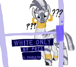 Size: 1212x1072 | Tagged: safe, artist:kujivunia, imported from derpibooru, zecora, zebra, bracelet, door, english, jewelry, meme, question mark, racism, simple background, solo, text