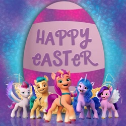 Size: 1080x1080 | Tagged: safe, imported from derpibooru, hitch trailblazer, izzy moonbow, pipp petals, sunny starscout, zipp storm, earth pony, pegasus, pony, unicorn, easter, facebook, female, g5, happy easter, holiday, male, mane five (g5), mare, my little pony: a new generation, official, stallion