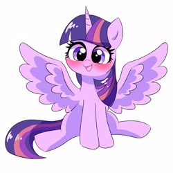 Size: 4096x4096 | Tagged: safe, artist:leo19969525, imported from derpibooru, twilight sparkle, alicorn, pony, blushing, cute, female, horn, mare, open mouth, open smile, simple background, sitting, smiling, solo, spread wings, twiabetes, twilight sparkle (alicorn), white background, wings