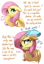 Size: 1416x2048 | Tagged: safe, artist:maren, imported from derpibooru, fluttershy, pegasus, pony, aside glance, biting, bust, dialogue, disembodied hand, engrish, female, floppy ears, folded wings, hair bite, hand, hooves to the chest, looking at you, mare, meta, nervous, petting, shading, shy, simple background, solo, sweat, sweatdrop, sweatdrops, white background, wings