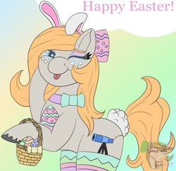 Size: 1240x1200 | Tagged: safe, artist:gray star, derpibooru exclusive, imported from derpibooru, oc, oc:gray star, :p, basket, bow, bunny ears, bunny tail, clothes, collar, easter, easter basket, easter egg, glasses, hair bow, holiday, leggings, tail, tongue out