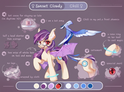 Size: 2683x2000 | Tagged: safe, artist:twinkling, imported from derpibooru, oc, oc only, oc:sunset cloudy, bat pony, original species, phoenix, pony, colored ear fluff, cute, cute little fangs, ear fluff, fangs, female, glasses, mare, pet, red eyes, reference sheet, slit pupils, solo