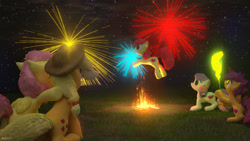 Size: 1280x720 | Tagged: safe, artist:slabs37, imported from derpibooru, apple bloom, applejack, fluttershy, scootaloo, sweetie belle, pony, 3d, 3ds max, chaharshanbe suri, cutie mark crusaders, fire, fireworks, jumping, sparkler (firework), stars