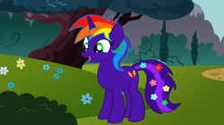 Size: 1192x666 | Tagged: safe, artist:fantasystaples, artist:ikillyou121, artist:shield-wing1996, imported from derpibooru, oc, oc:rainbow flower, pony, unicorn, flower, multicolored hair, rainbow hair, solo, tree