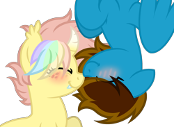 Size: 3000x2201 | Tagged: safe, artist:ponkus, imported from derpibooru, oc, oc:penstroke, oc:ponkus, bat pony, hybrid, pegasus, pony, unicorn, blushing, boop, curved horn, cute, eyes closed, female, freckles, horn, mare, noseboop, simple background, transparent background, upside down